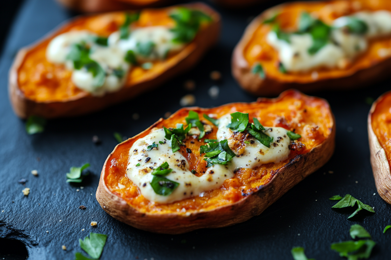 Close-up shot of tempting sweet potato toasts.