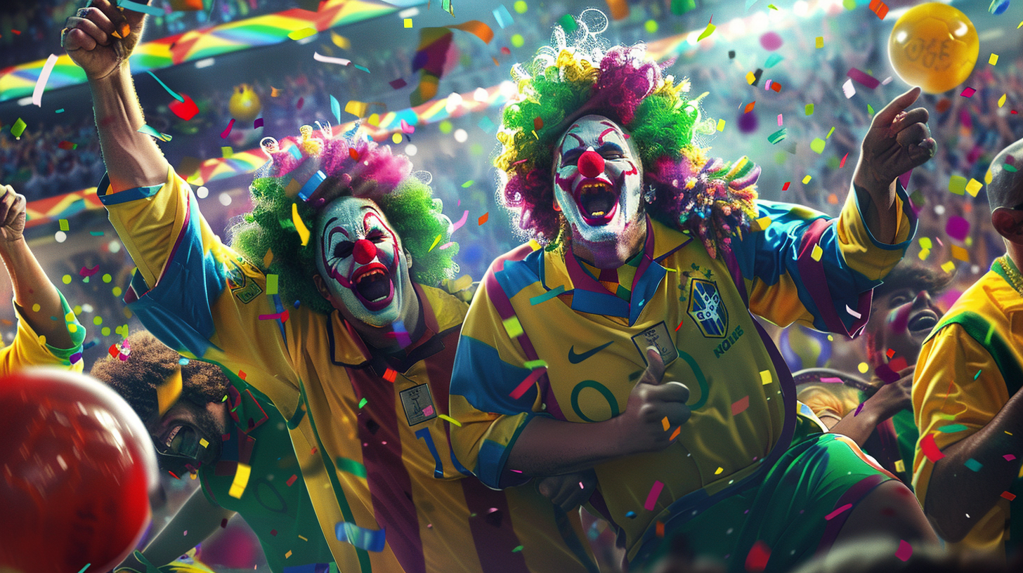 Clowns in Brazil jerseys celebrate in packed stadium.