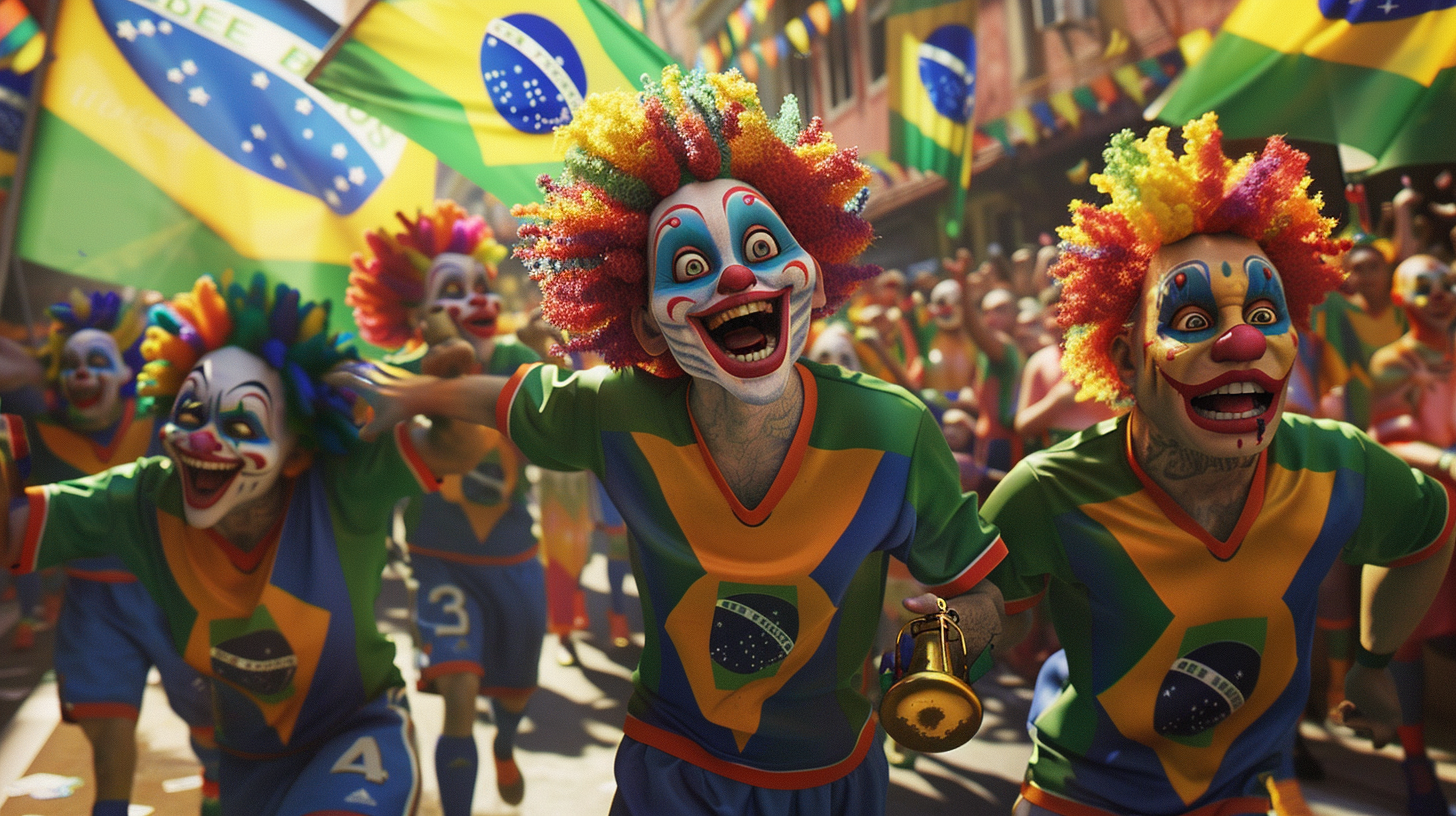 Clowns in Brazil jerseys with colorful flags parade cheerfully.