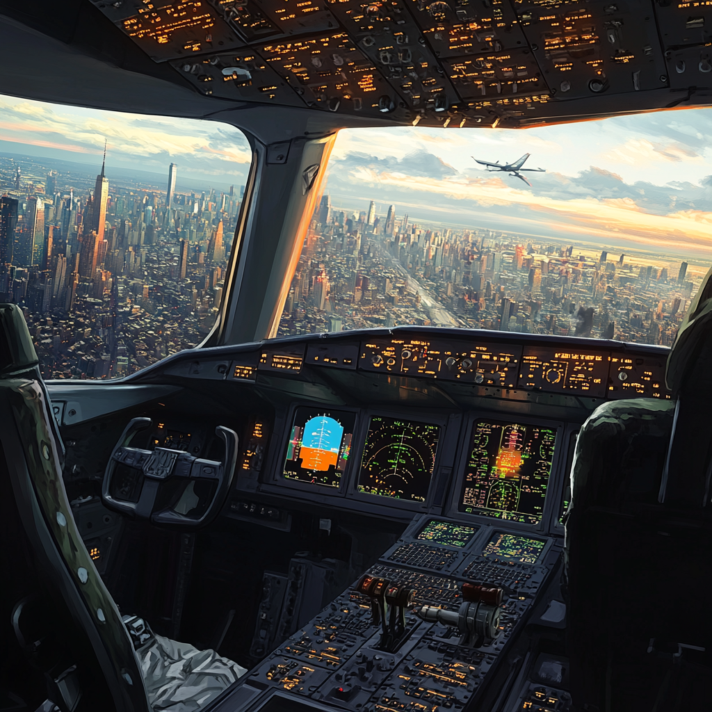 Cockpit view landing at big city airport 