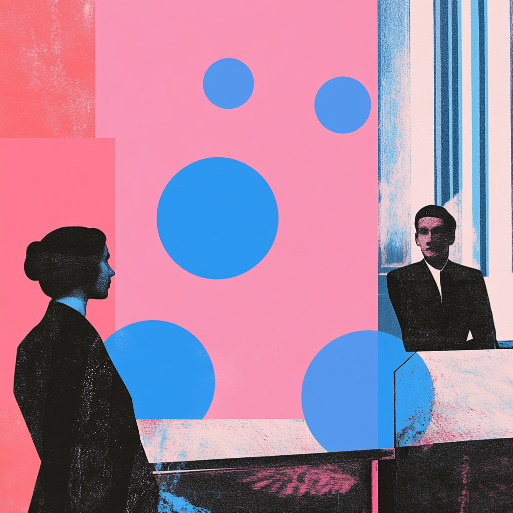 Collage inspired by pop art and Kusama, courtroom trial.