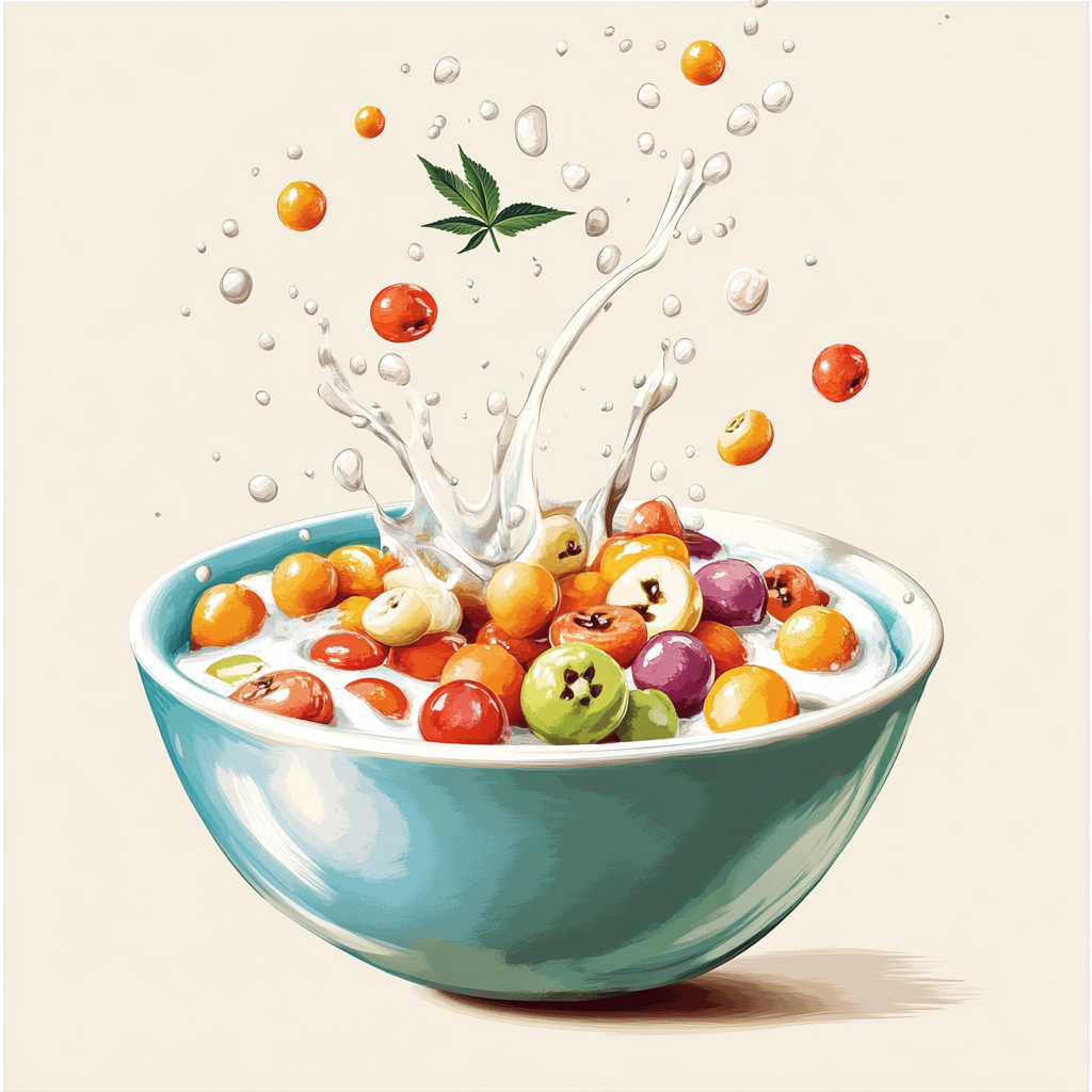 Colorful Apple Jacks cereal with playful THC leaves splashy.