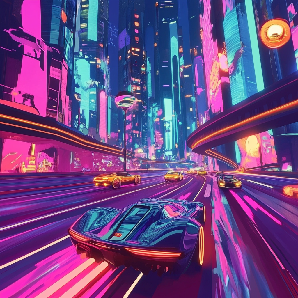 Colorful cars racing through city with neon skyscrapers.