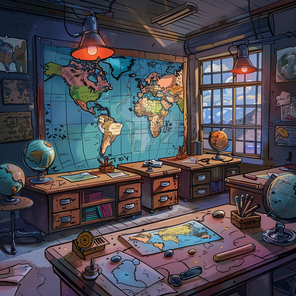 Colorful classroom with maps, globes, rocks, curious students.