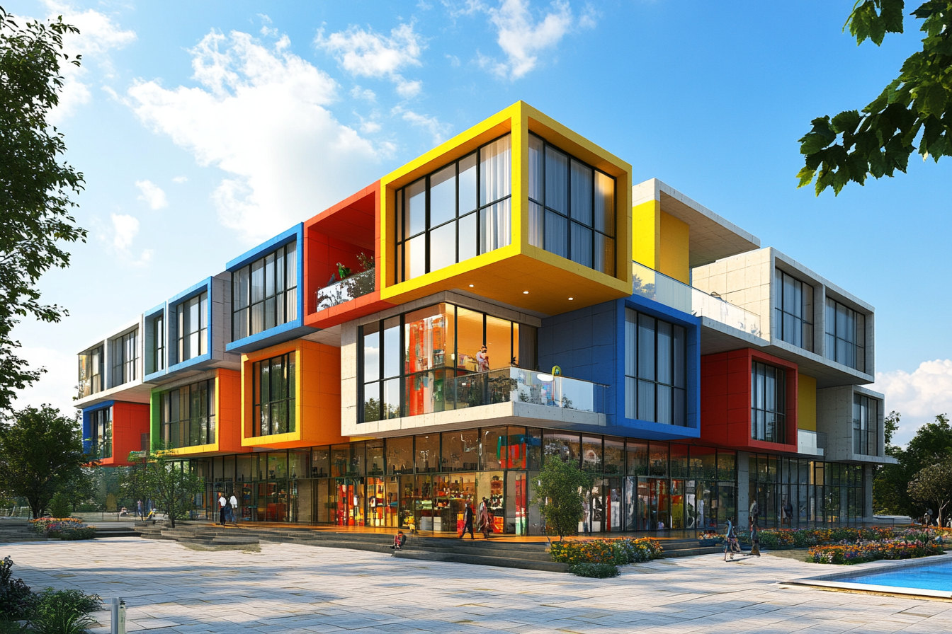 Colorful concrete cube building with offices, hotel, pool, garage.