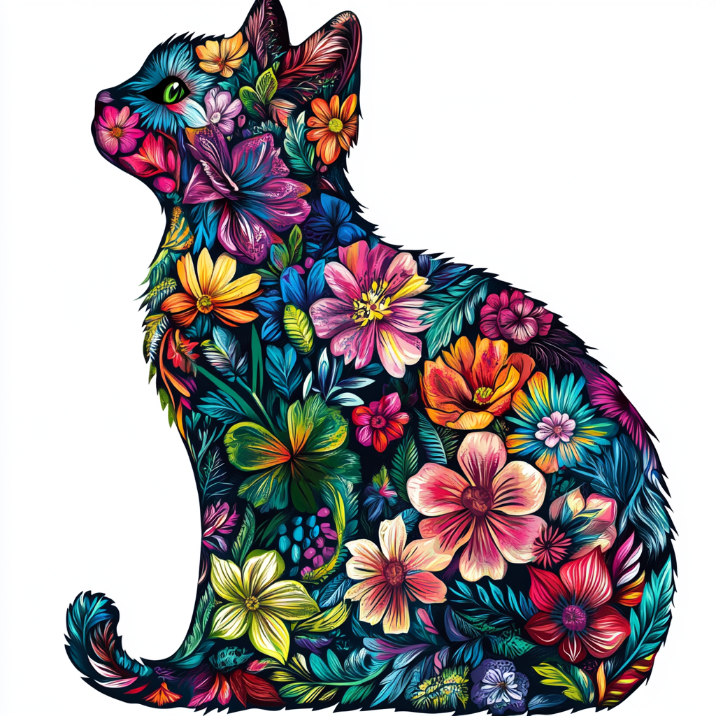 Colorful floral cat silhouette clipart for vibrant T-shirt design.