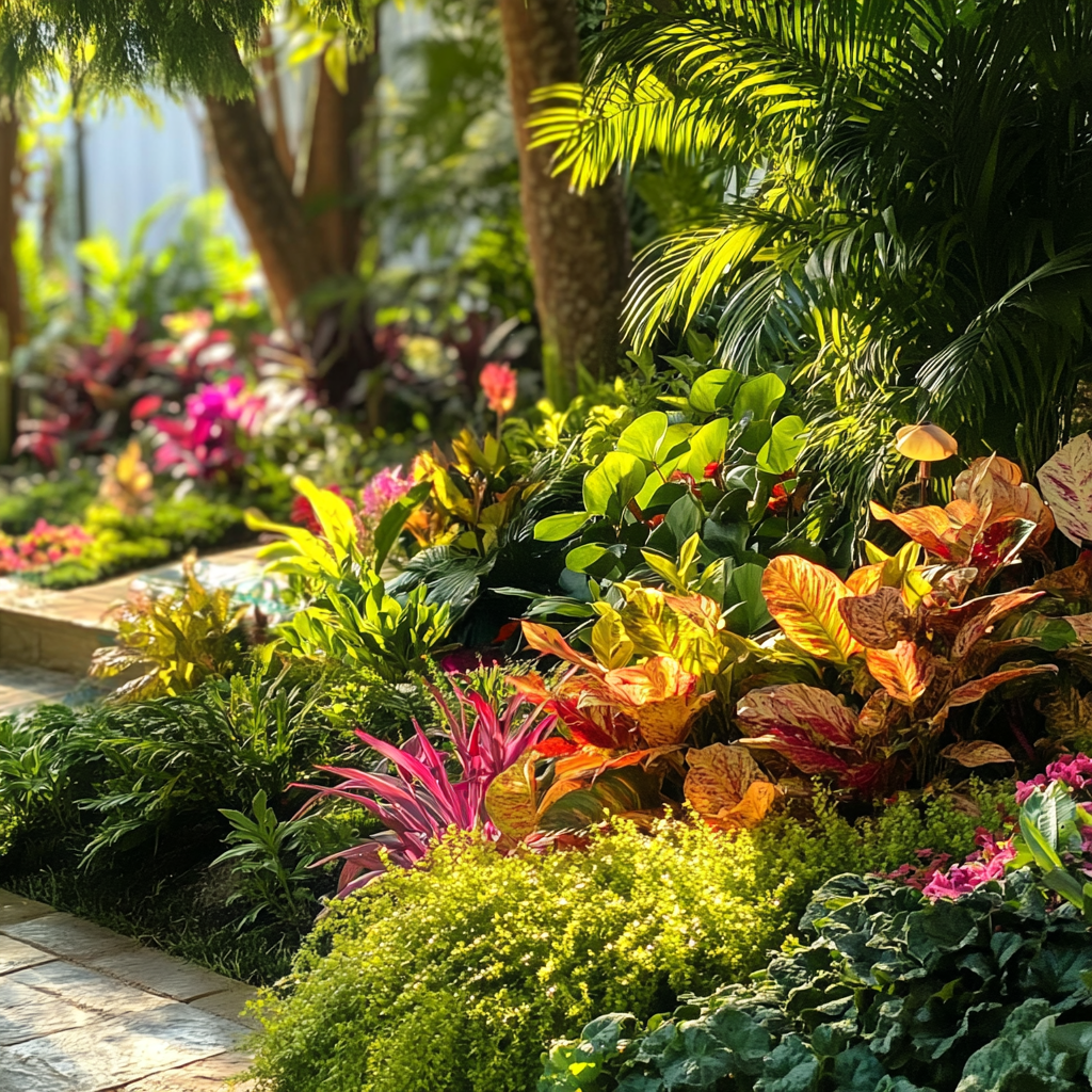 Colorful garden with thriving plants under warm sun.