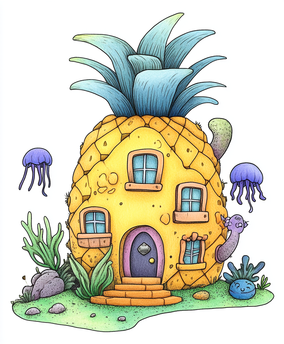 Colorful pineapple house drawing for Spongebob fans on t-shirt.