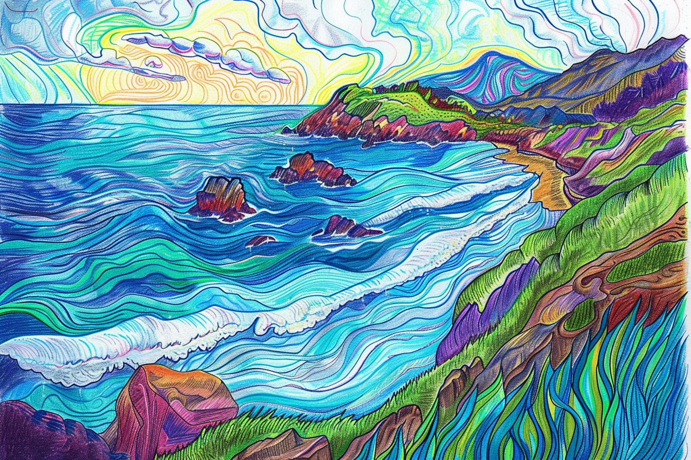 Colorful sketch of coastal scene with bold lines, vibrant colors.