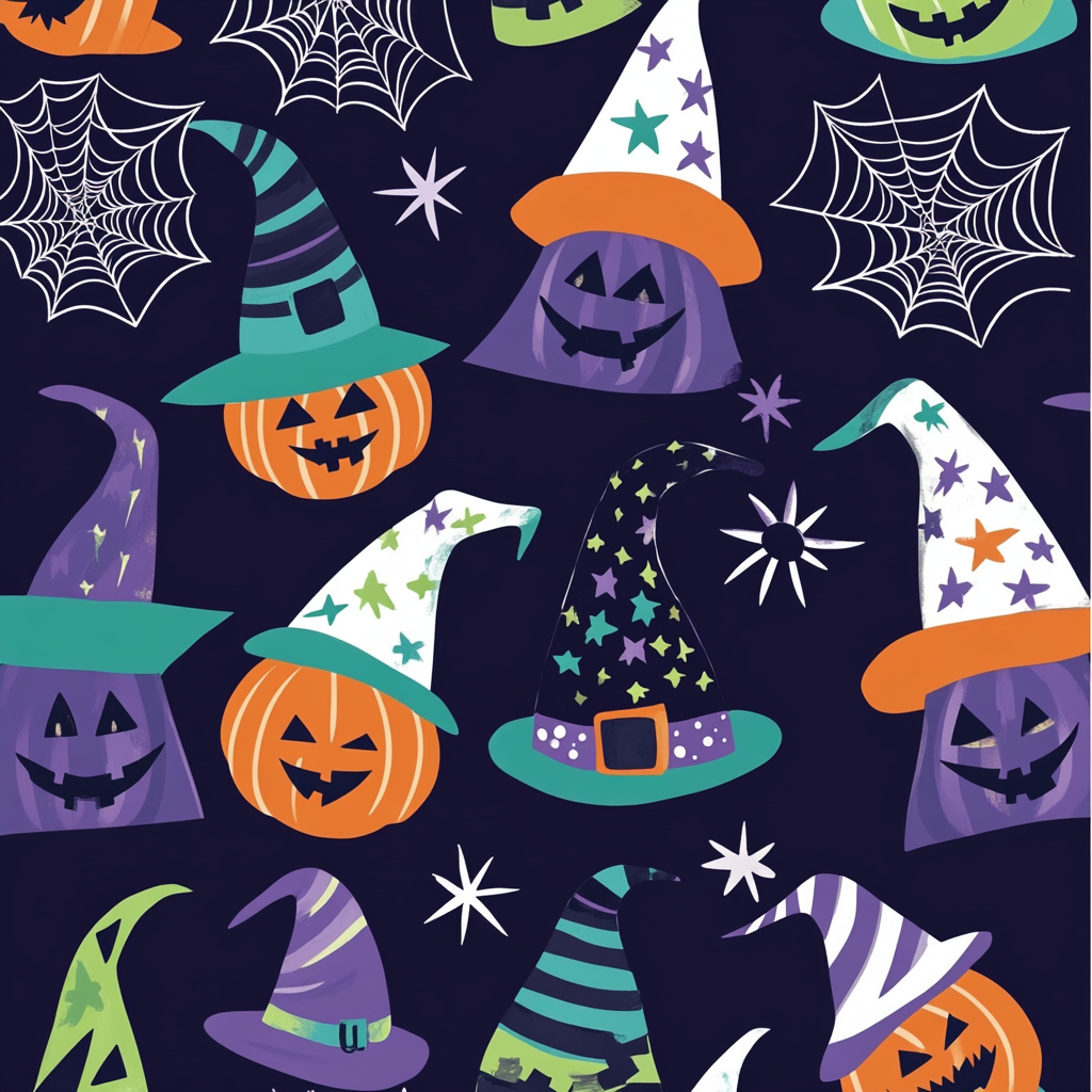 Colorful witch hats, pumpkins, and spiderwebs in diamond grid.