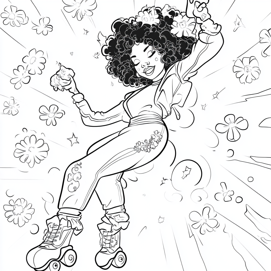 Coloring book with African-American woman roller-skating in 1970s disco.