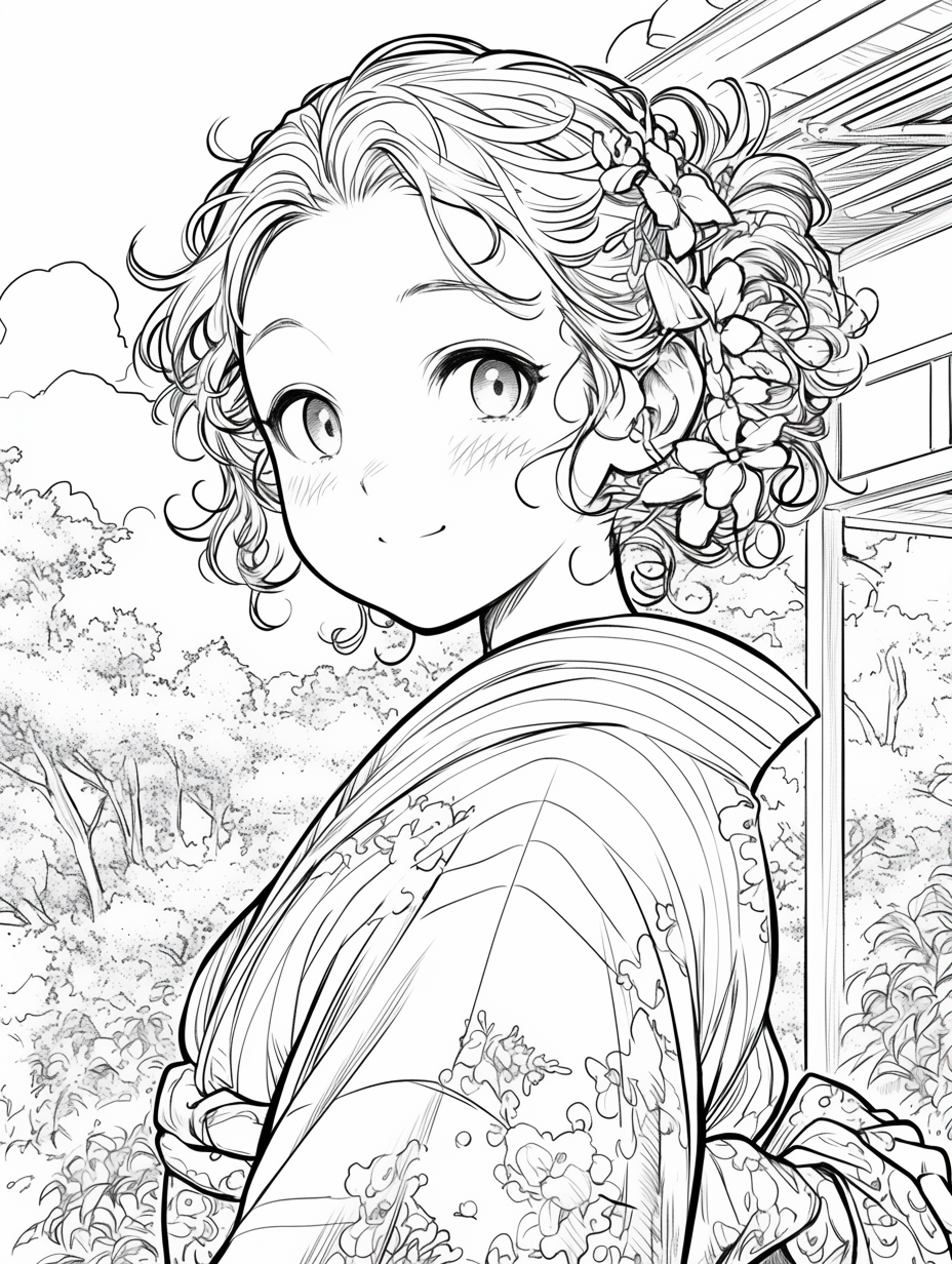 Coloring book: kimono girl at temple, sunset view.