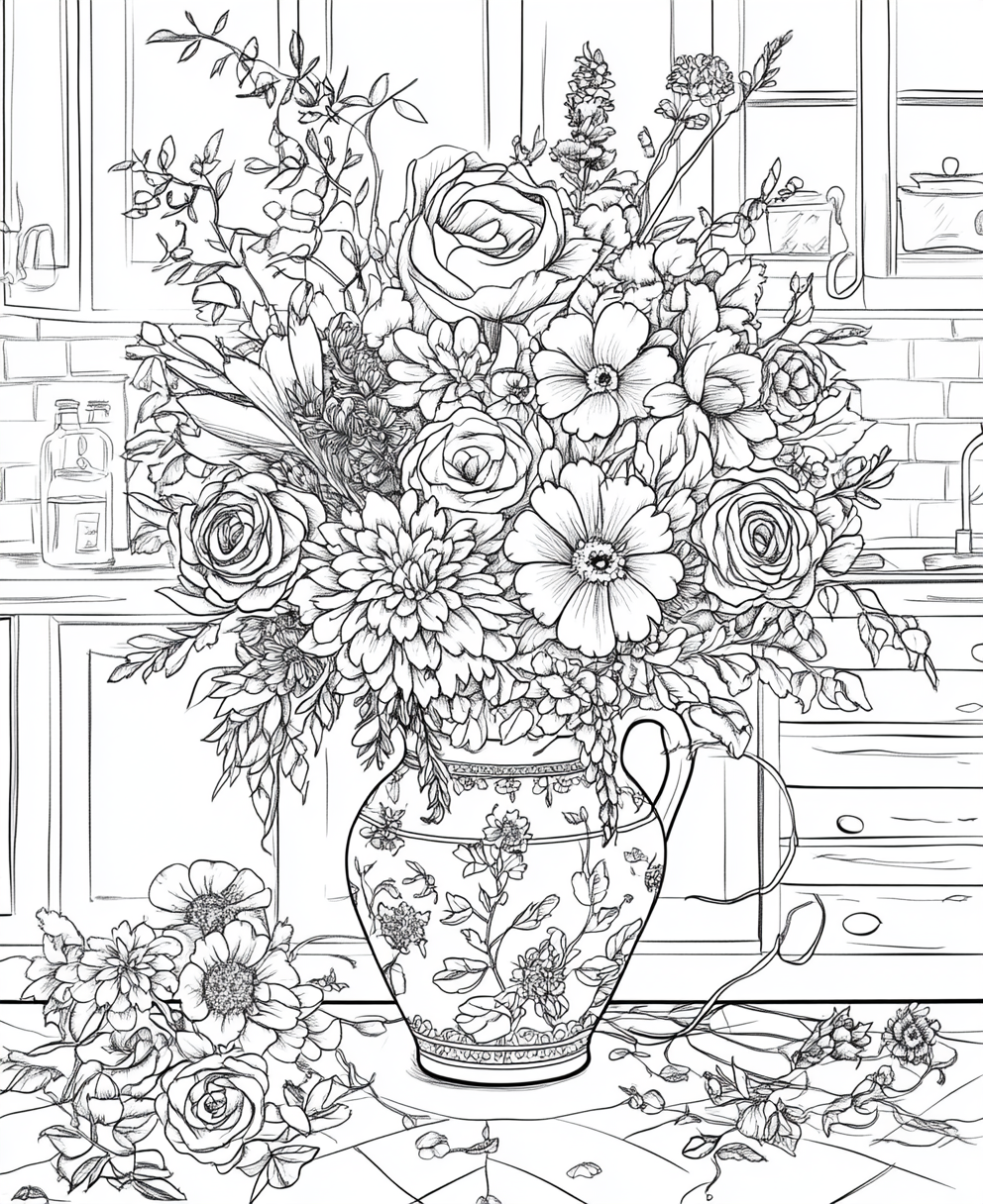 Coloring page with floral bouquet on ceramic vase.