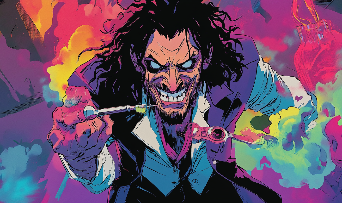 Comic book surgeon resembling John Corabi performs experiments.