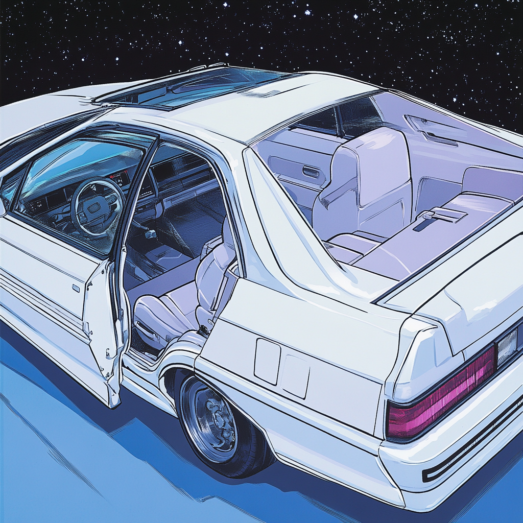 Comic-style white Honda illustration, seat open, midnight view.