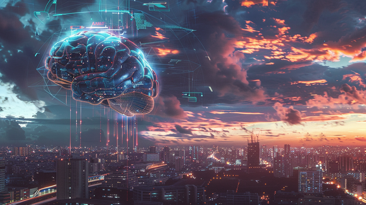 Complex AI brain constructs futuristic cityscape with holographic buildings.