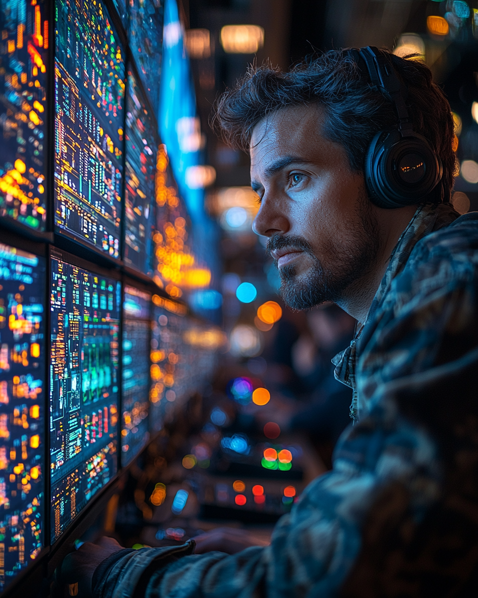 Computer engineer working with team in control room