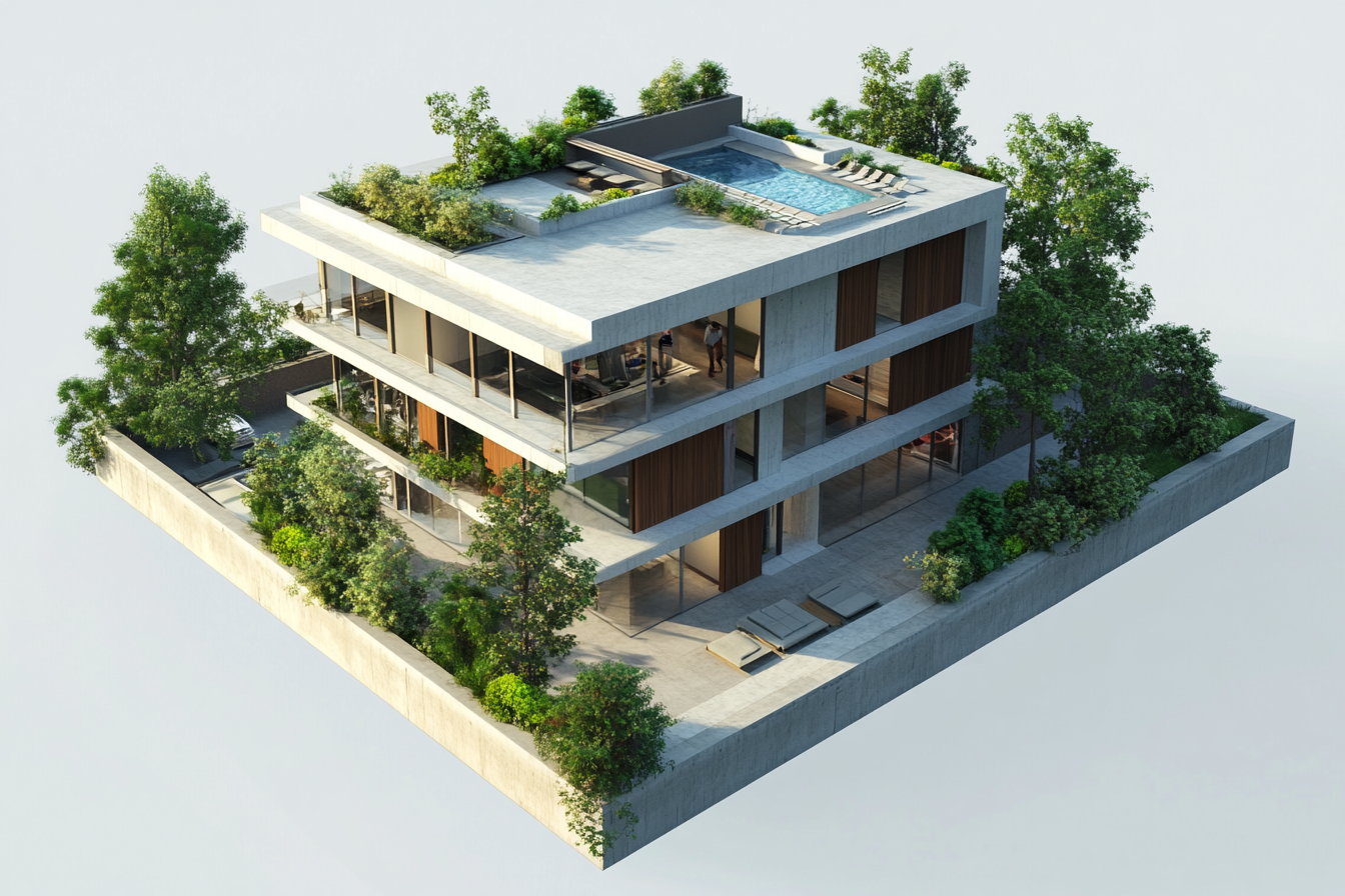 Concrete building with offices, store, garage, hotel, pool.