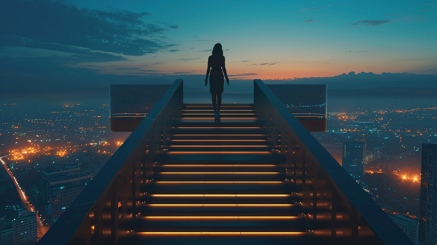 Confident businesswoman in sharp suit overlooking city lights.