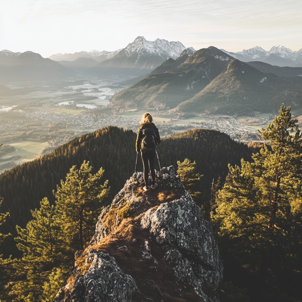 Confident person on mountain peak feels serene.