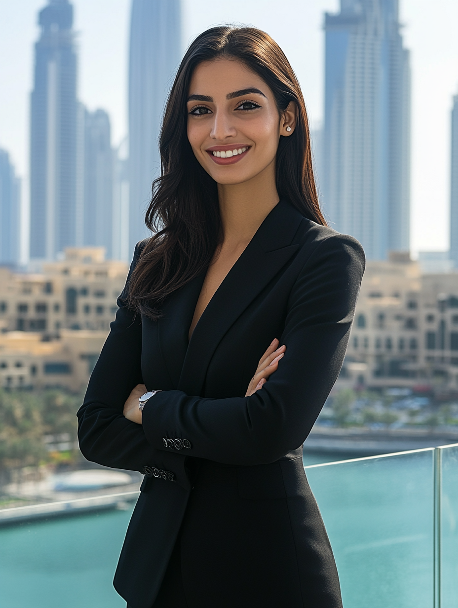 Confident woman in black suit posing in Dubai -ar 3:4