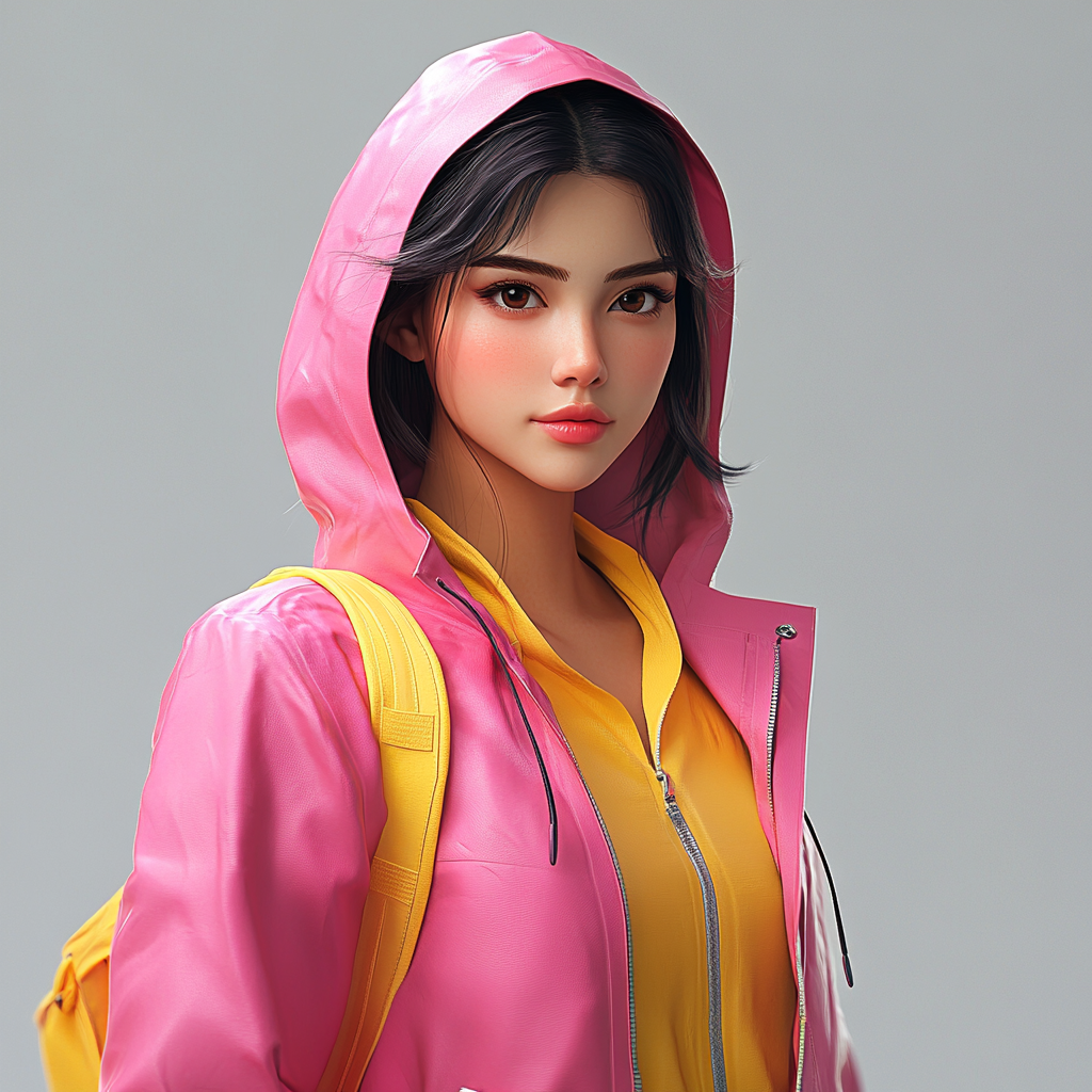 Confident woman in pink raincoat in attack pose.