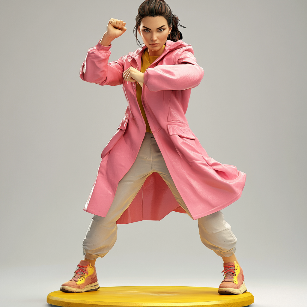 Confident woman in pink raincoat in attacking pose visualized.