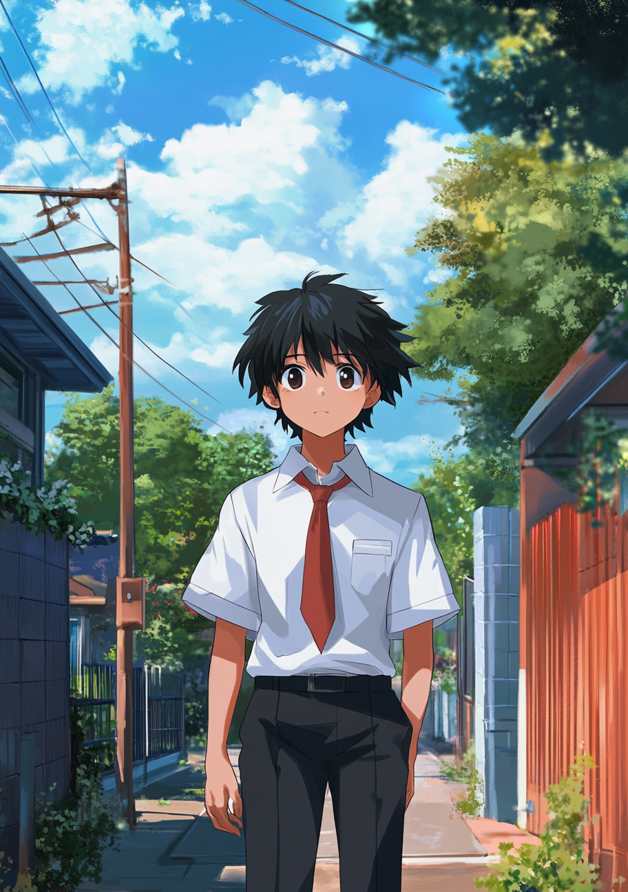 Cool, handsome boy in school uniform, Miyazaki style.