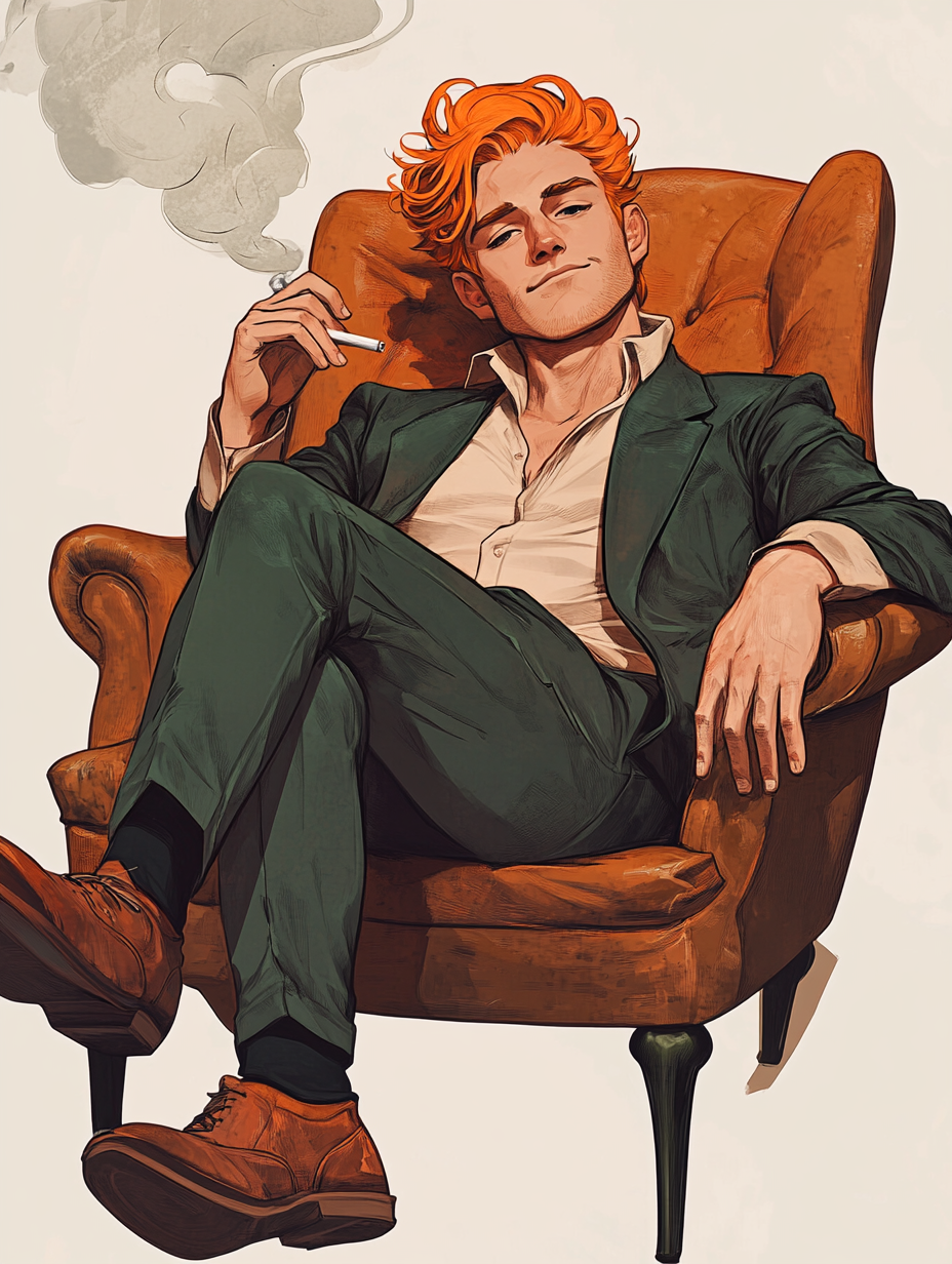 Cool man sitting in chair smoking, orange hair.