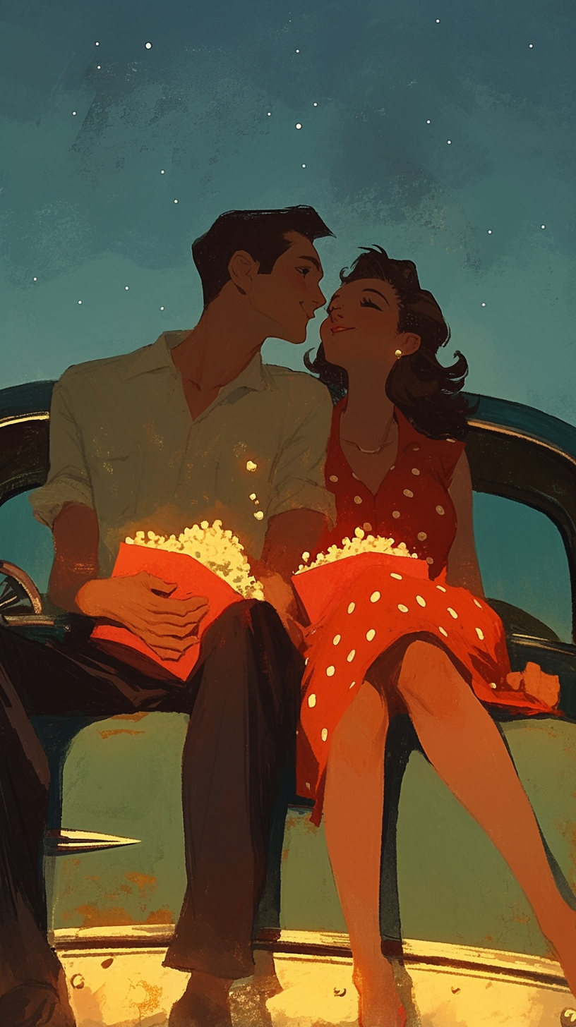 Couple at drive-in theater sharing popcorn under starry sky.