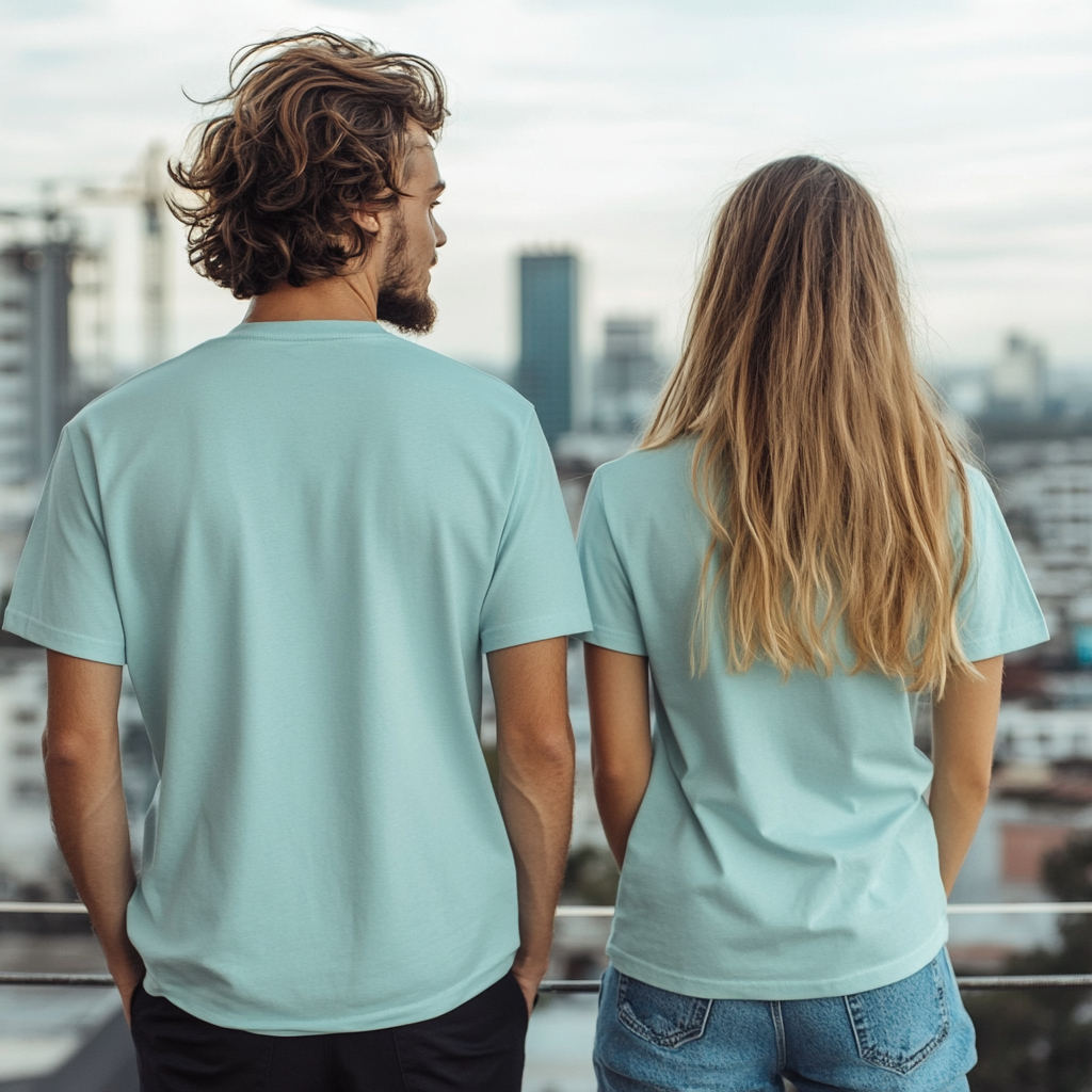 Couple in Aqua unisex t-shirts modeling for mock-up.