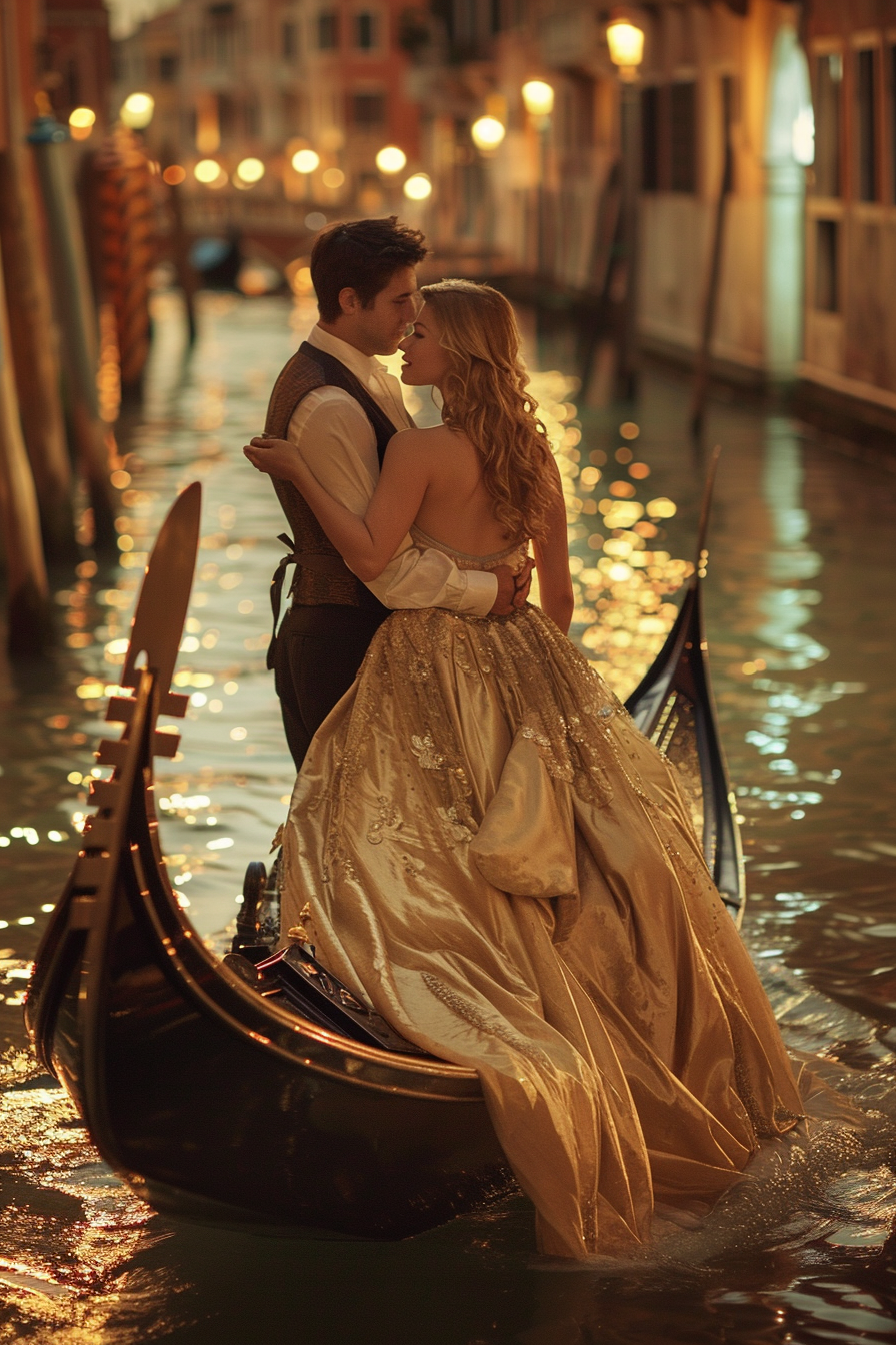 Couple in gondola, water reflecting lights, gazing affectionately.