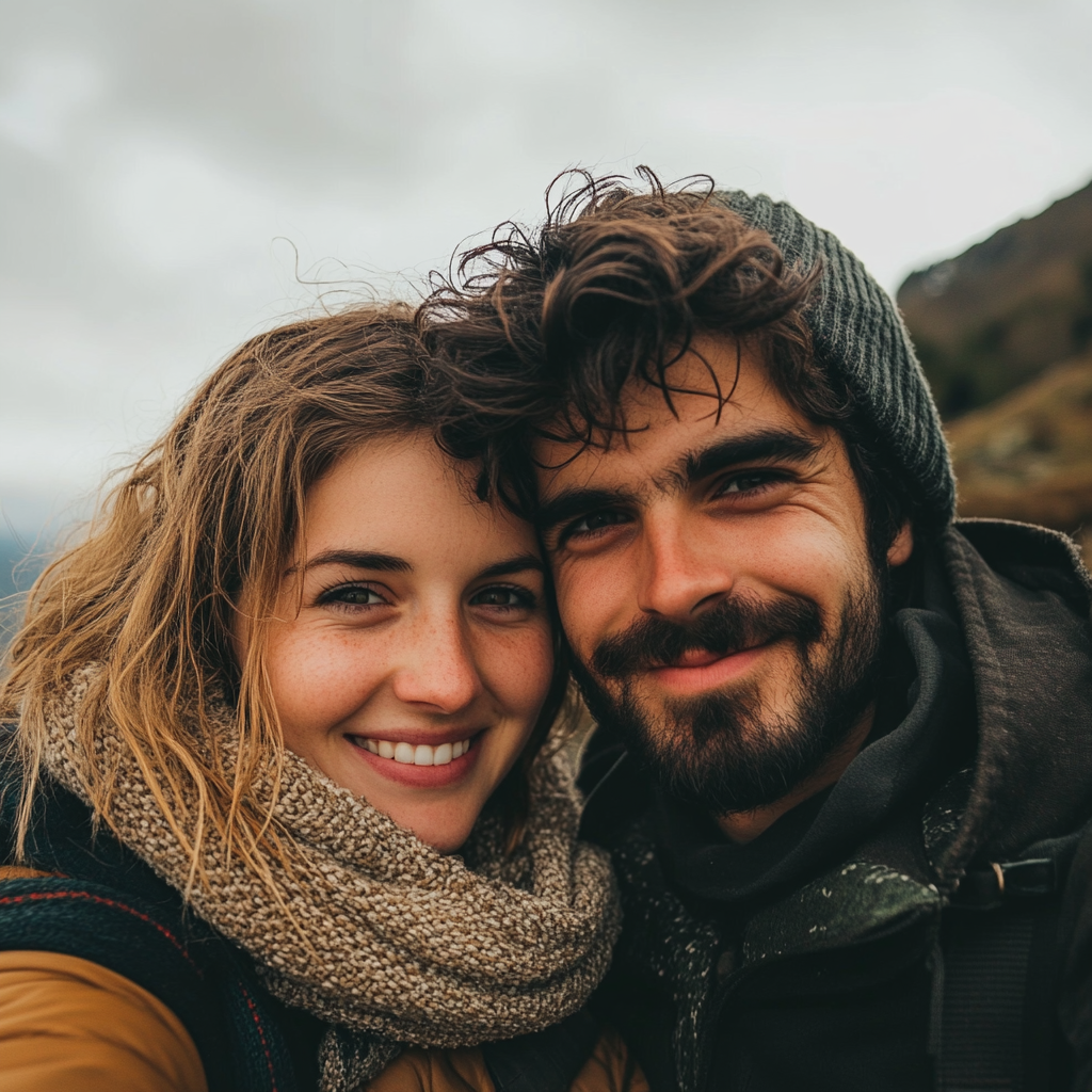 Couple in mountains taking selfie with emotional faces.