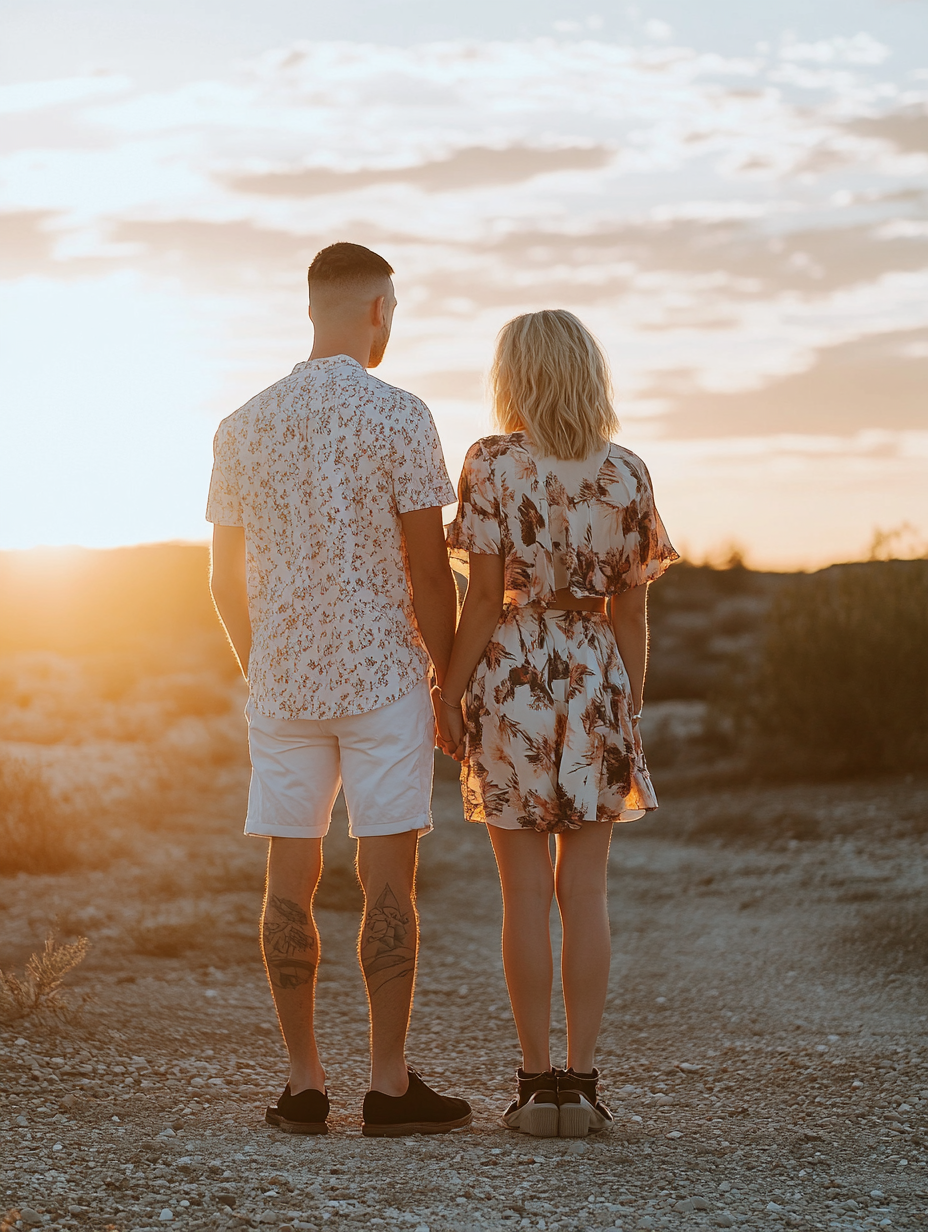 Couple watching sunset, man buzz cut hair, woman blonde.