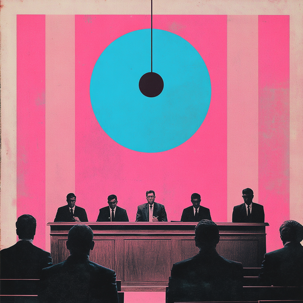 Courtroom trial collage in pink, blue, black tones.