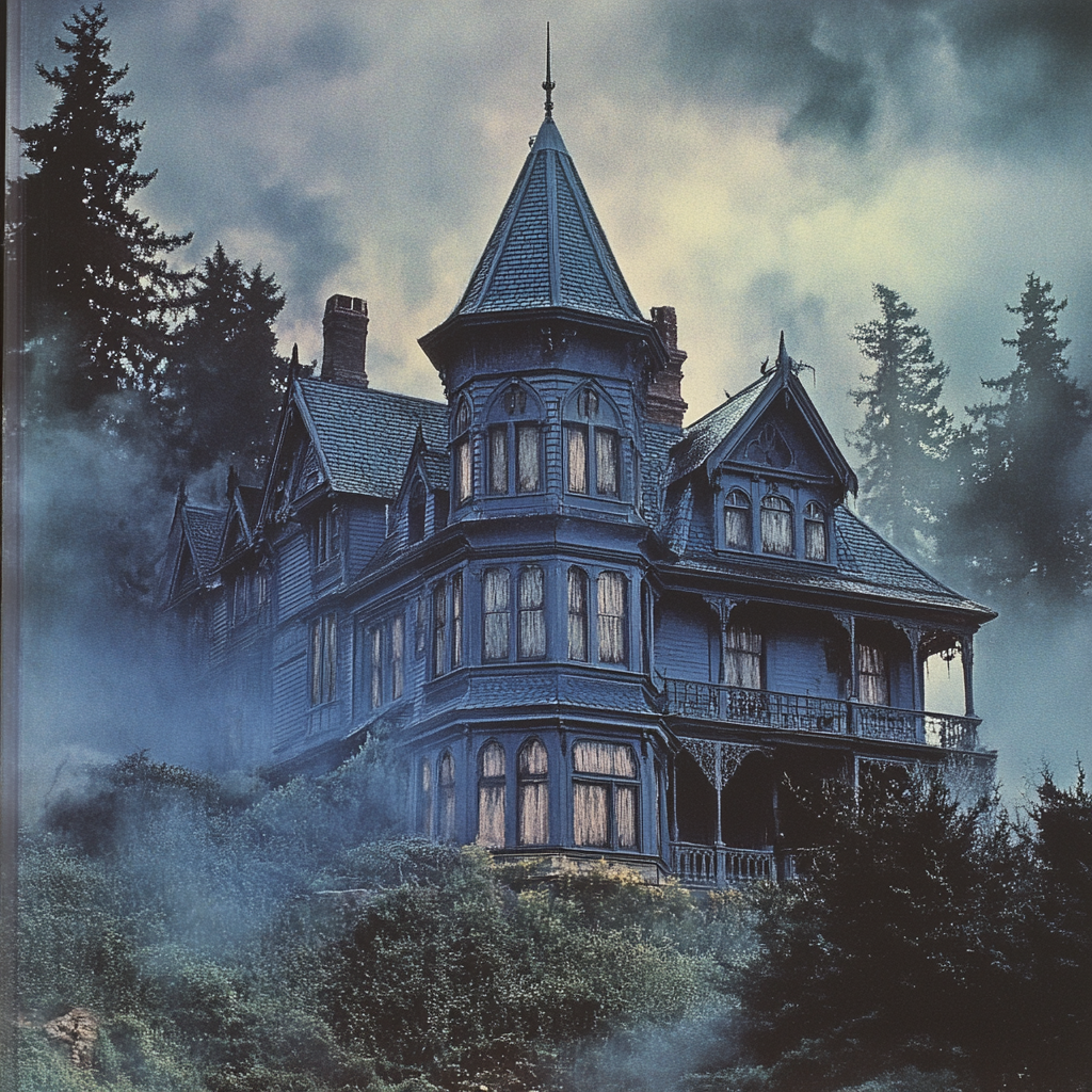 Cover of 1980s book featuring eerie Victorian manor.