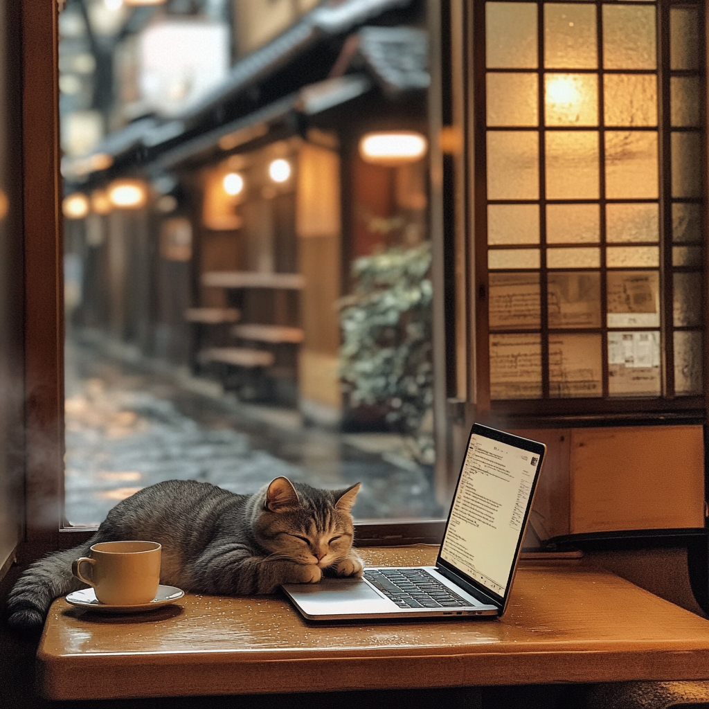 Cozy Ghibli-inspired café in Kyoto with Munchkin cat.