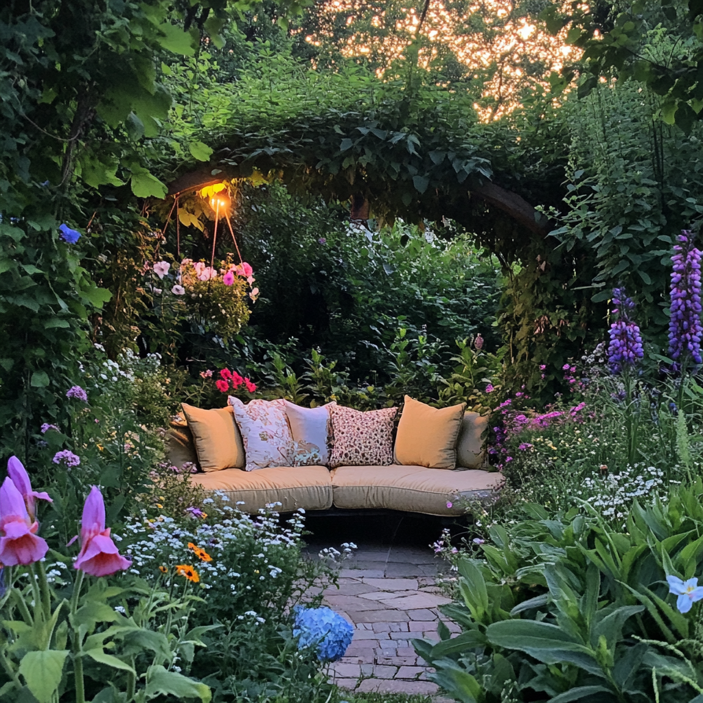 Cozy garden nook with comfortable seating, lush greenery, colorful flowers, peaceful ambiance at dusk with iPhone 15 Pro. 