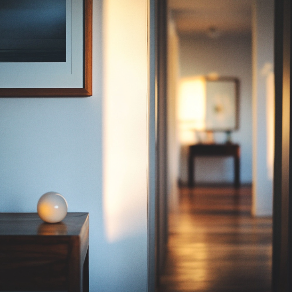 Cozy hallway with clean white wall and soft lighting.