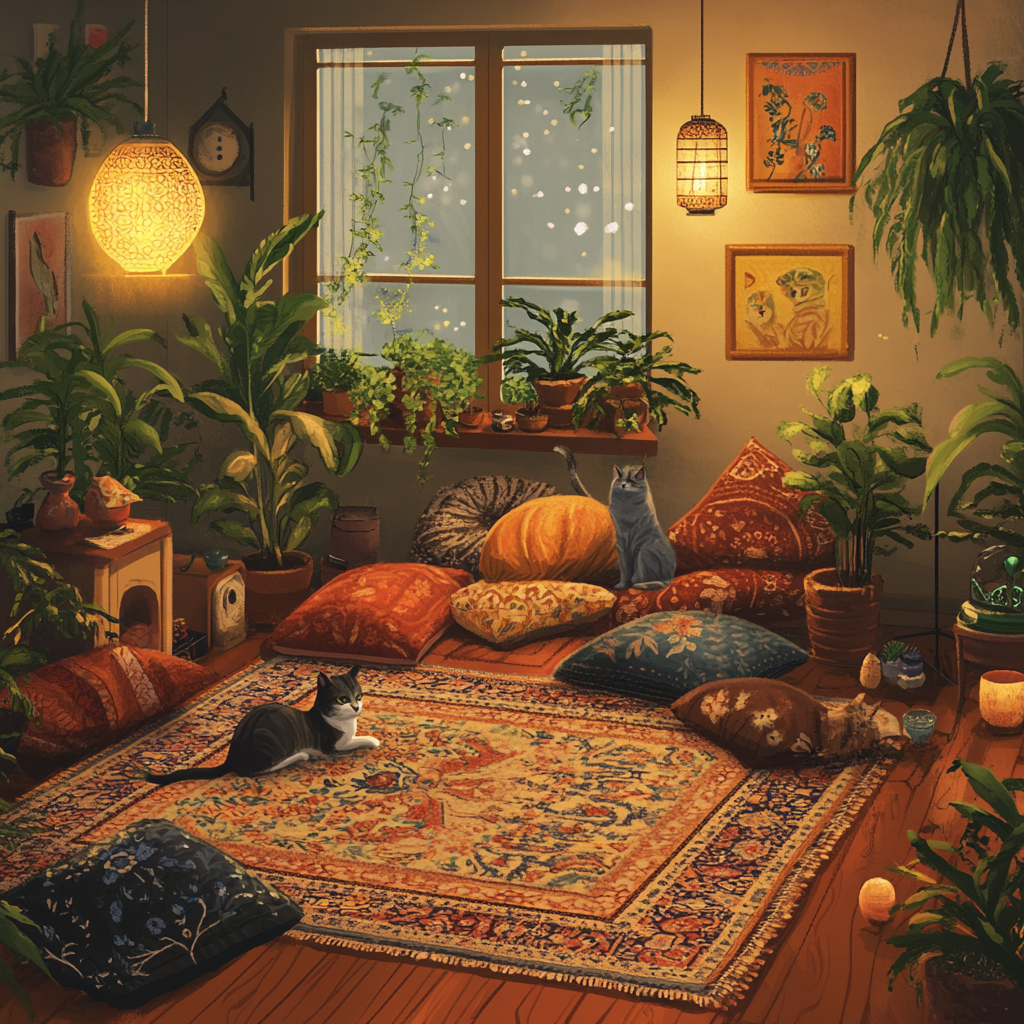 Cozy living room with colorful rugs, pillows, plants, cats.