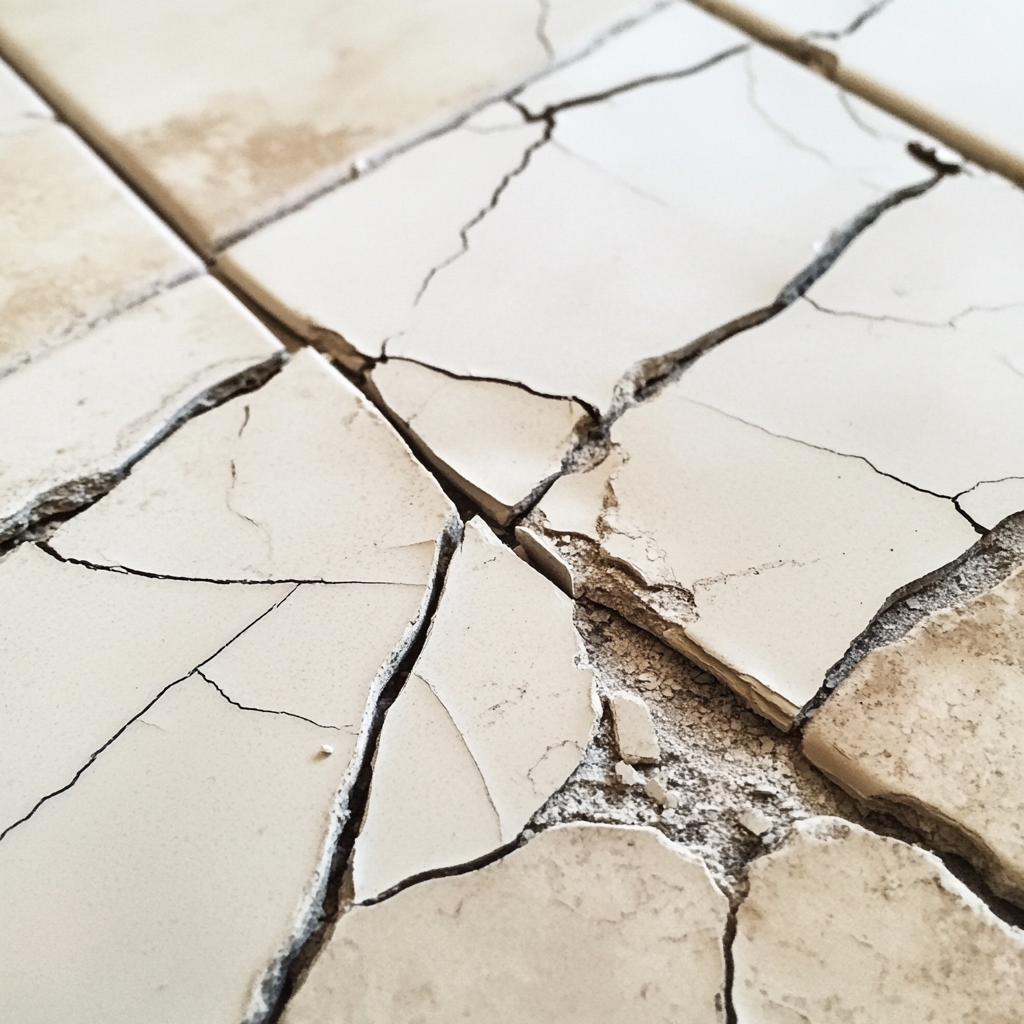 Cracked ceramic tiles in a bathroom, debris visible.