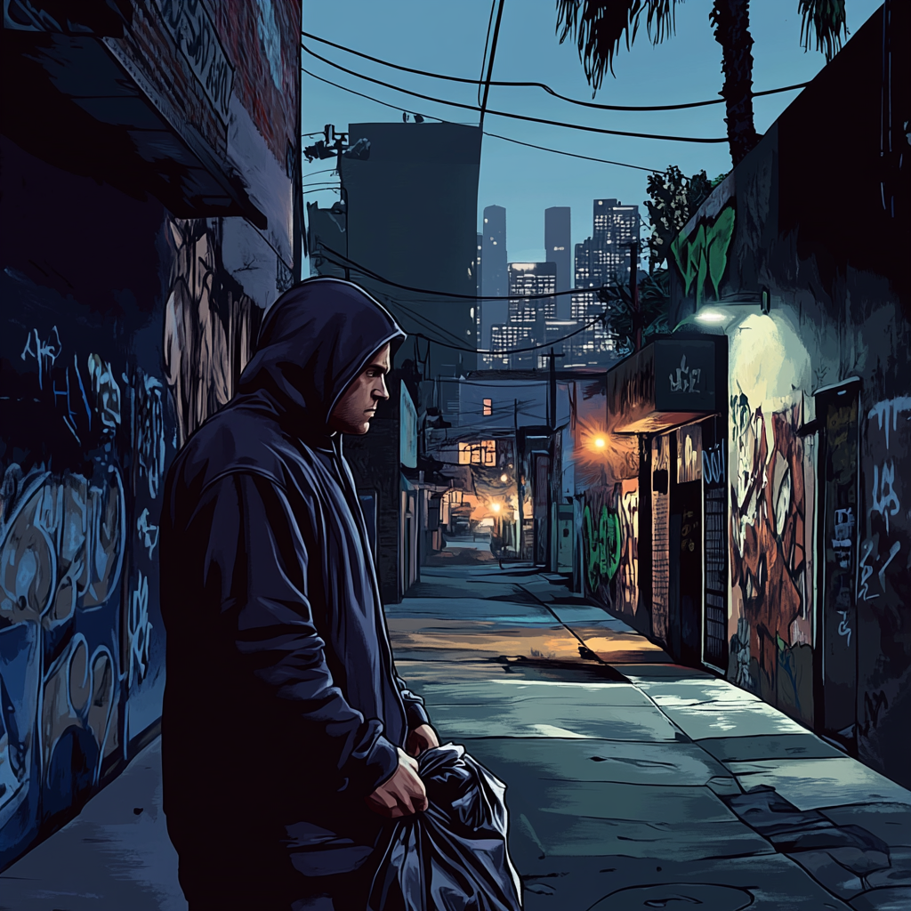 Criminal in hoodie navigating alley with stolen goods.