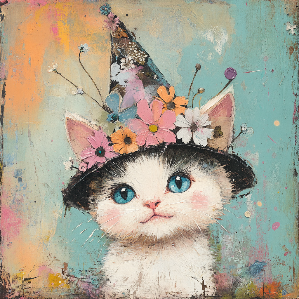 Cute, whimsical kitten with blue eyes and hat.