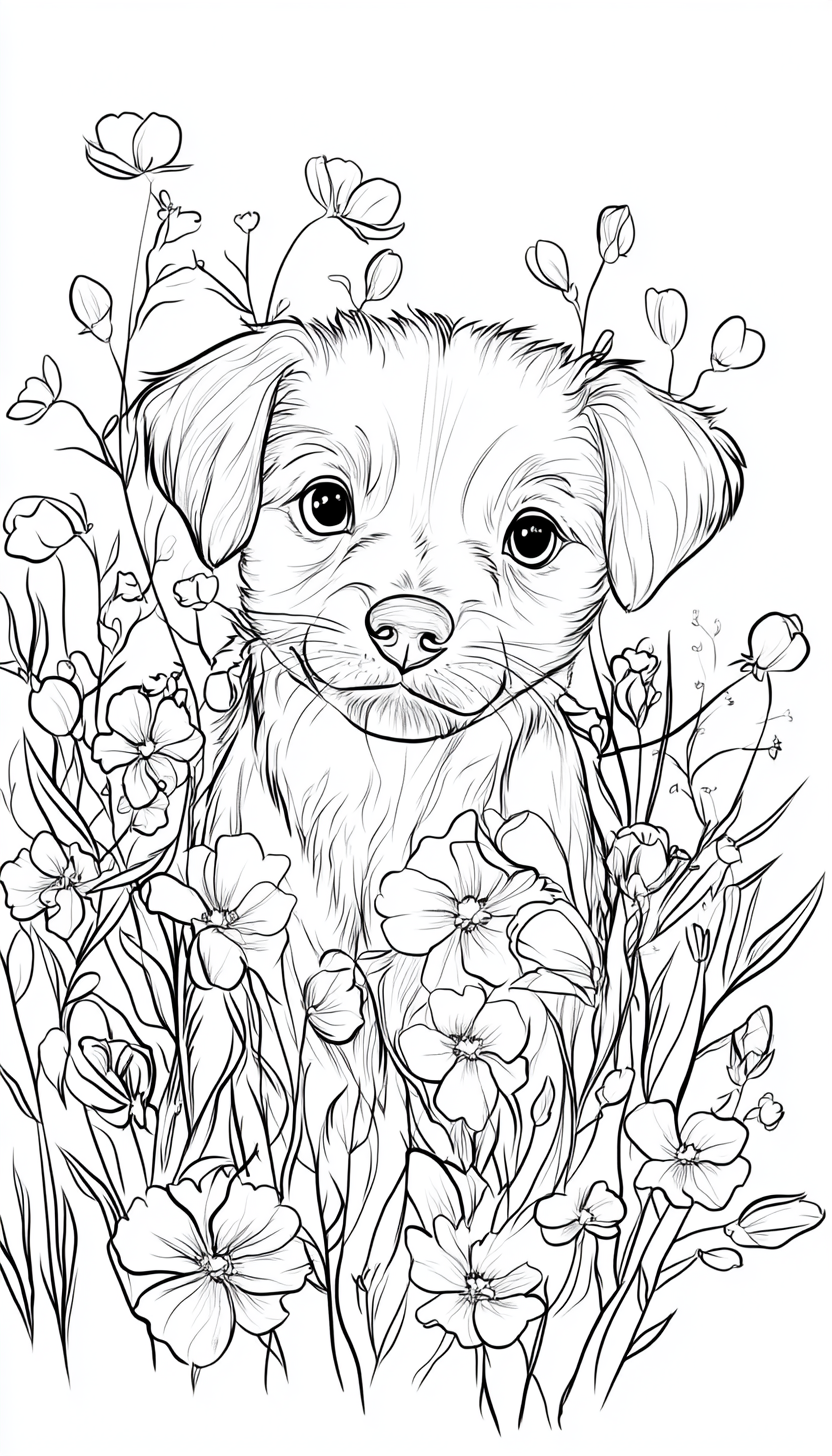 Cute Blue Heeler Puppy Coloring Page in Field of Flowers