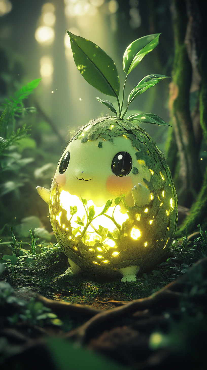 Cute Chikorita hatching from enchanted egg in forest.