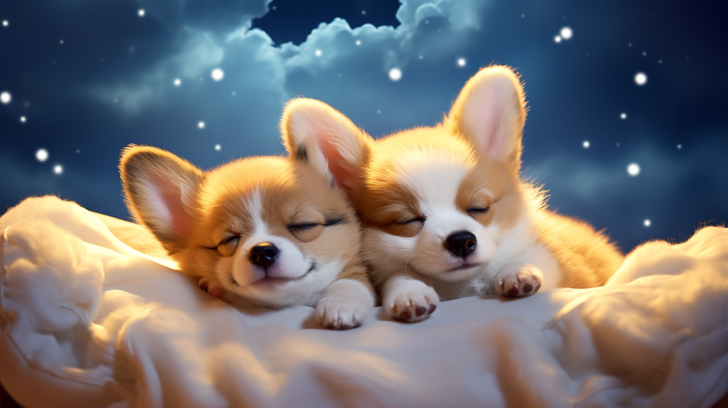 Cute Corgi Puppies Sleeping on Clouds Anime Style