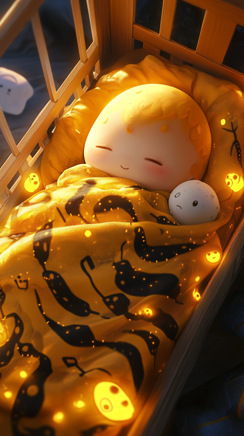 Cute baby Koro-sensei sleeping peacefully in crib.