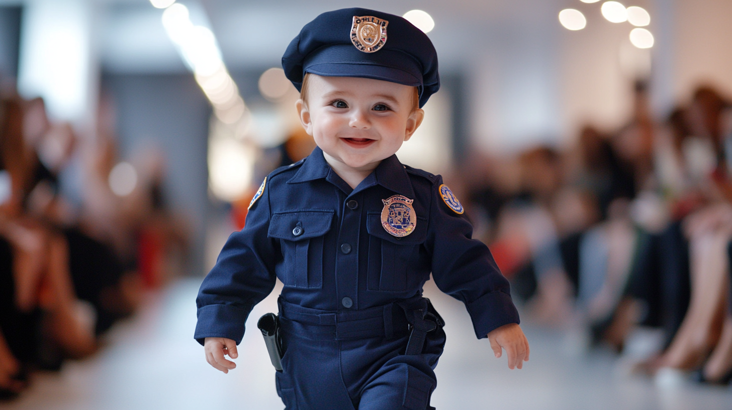 Cute baby in police uniform on fashion runway smiling.