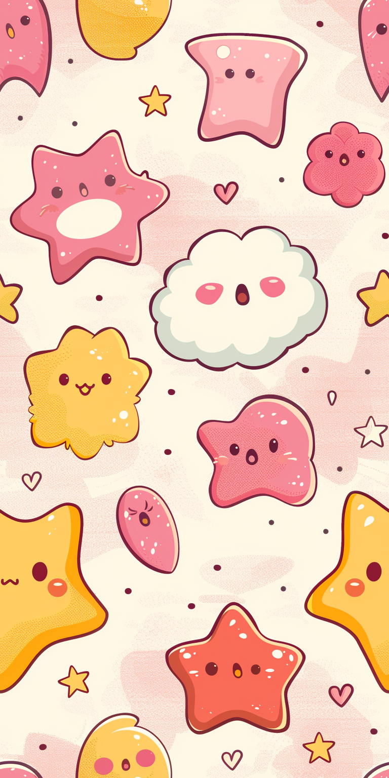 Cute kawaii details with chubby stars and hearts.