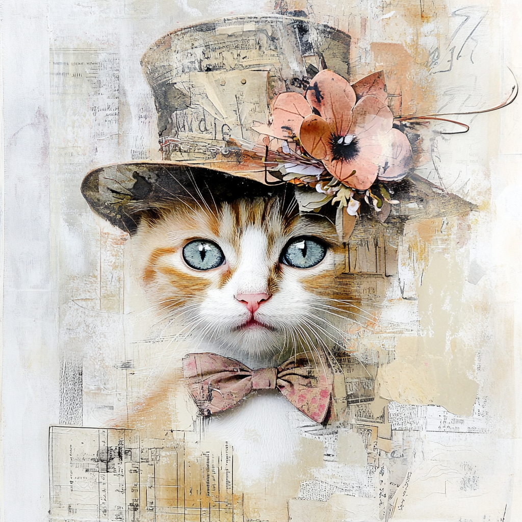 Cute kitten with quirky hat in collage art.